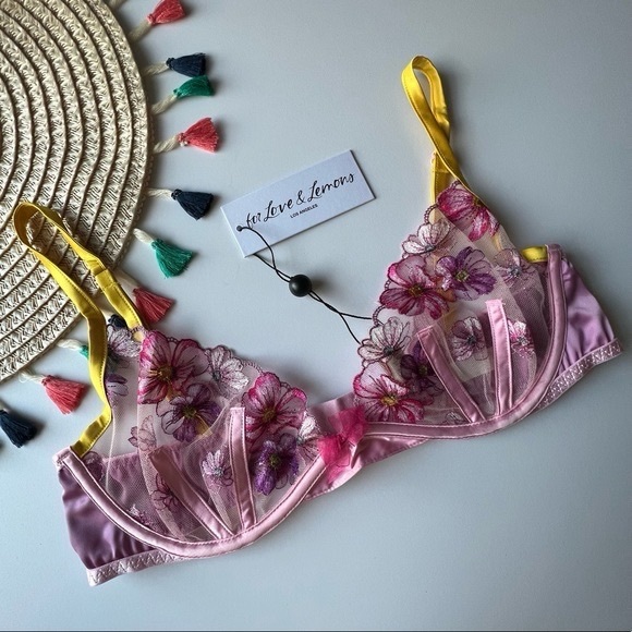For Love And Lemons Falling Floral Embroidery Bra Pink Large NEW - Picture 2 of 7